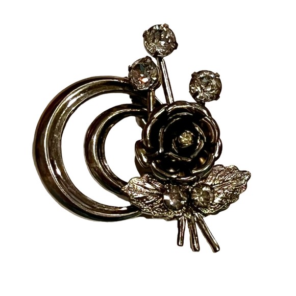 Vtg Art Deco Style Rose Brooch Pin Silvertone with Rhinestones - Picture 2 of 6